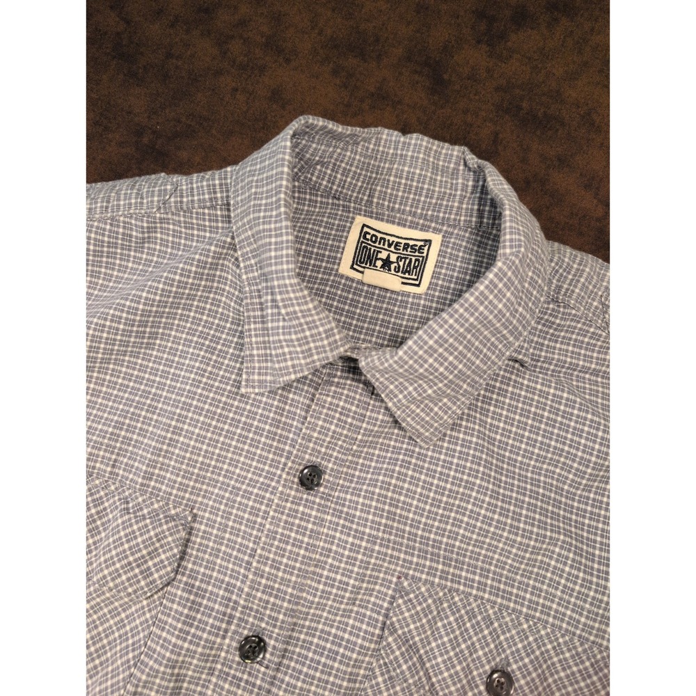 Converse One Star Mens Blue White Micro Check Long Sleeve Button Down‎ Shirt M
